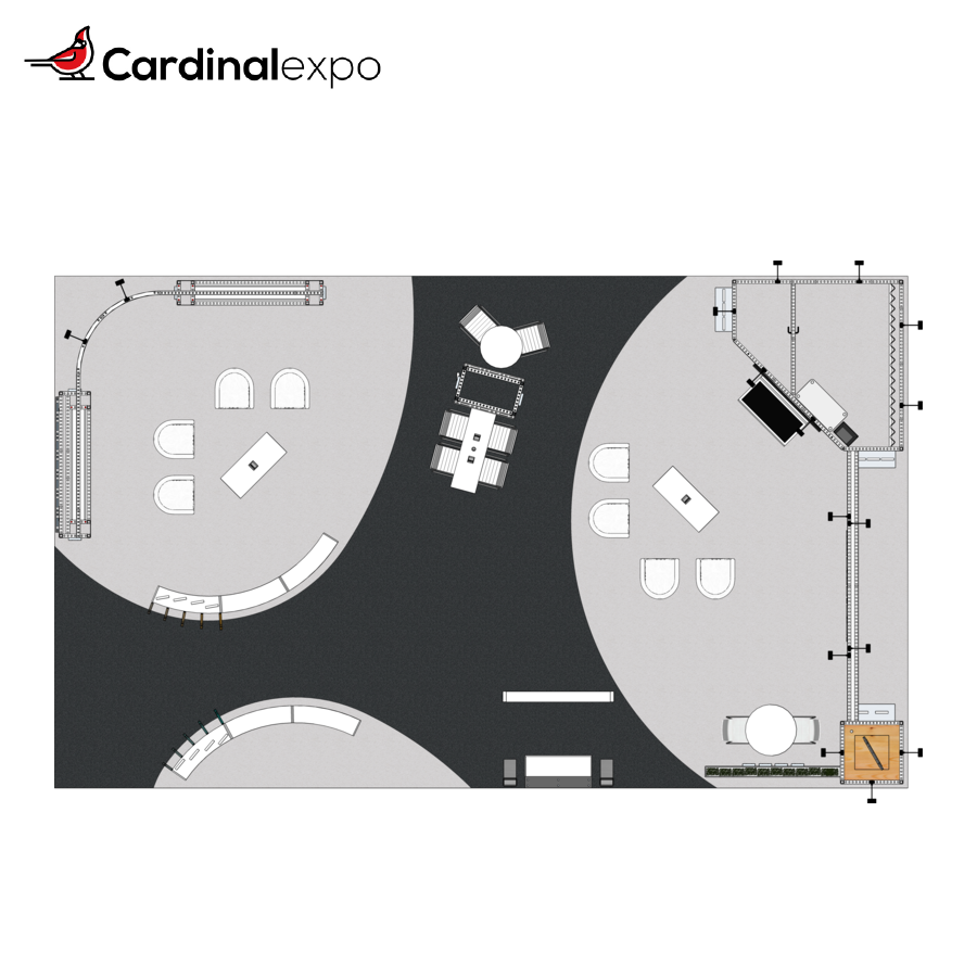 Overhead floor plan for a large custom trade show booth rental featuring curved flooring zones, book display shelving, meeting lounges, and a central storage tower structure.