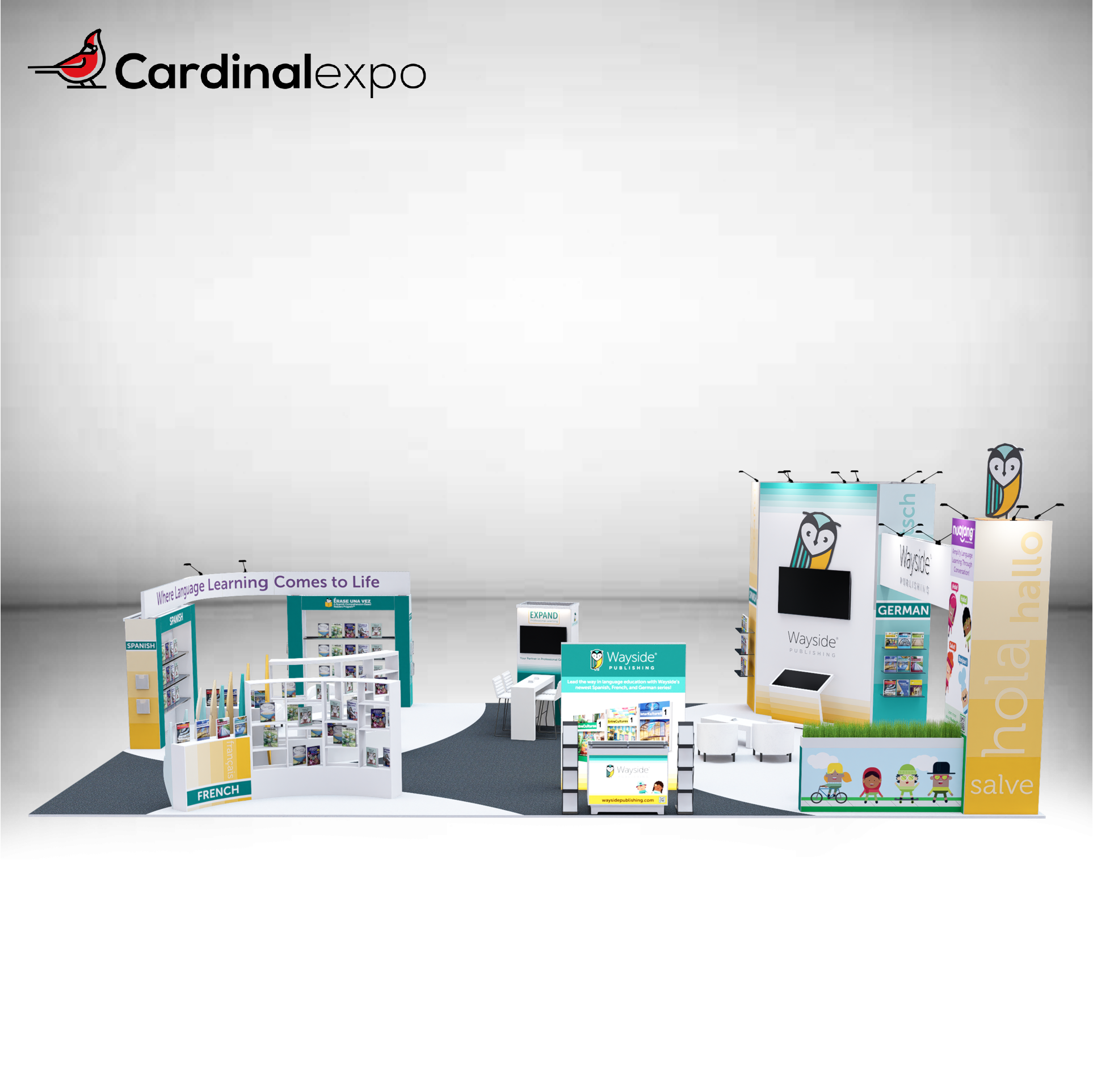 Front view of a large custom trade show exhibit rental showcasing book display kiosks, a 3D owl logo sign topper, video monitor wall, and reception counters.