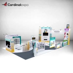 Front-left angle of a large custom trade show display rental featuring curved book display shelves, lounge seating, a bridging header sign, and a 3D owl logo sign topper.
