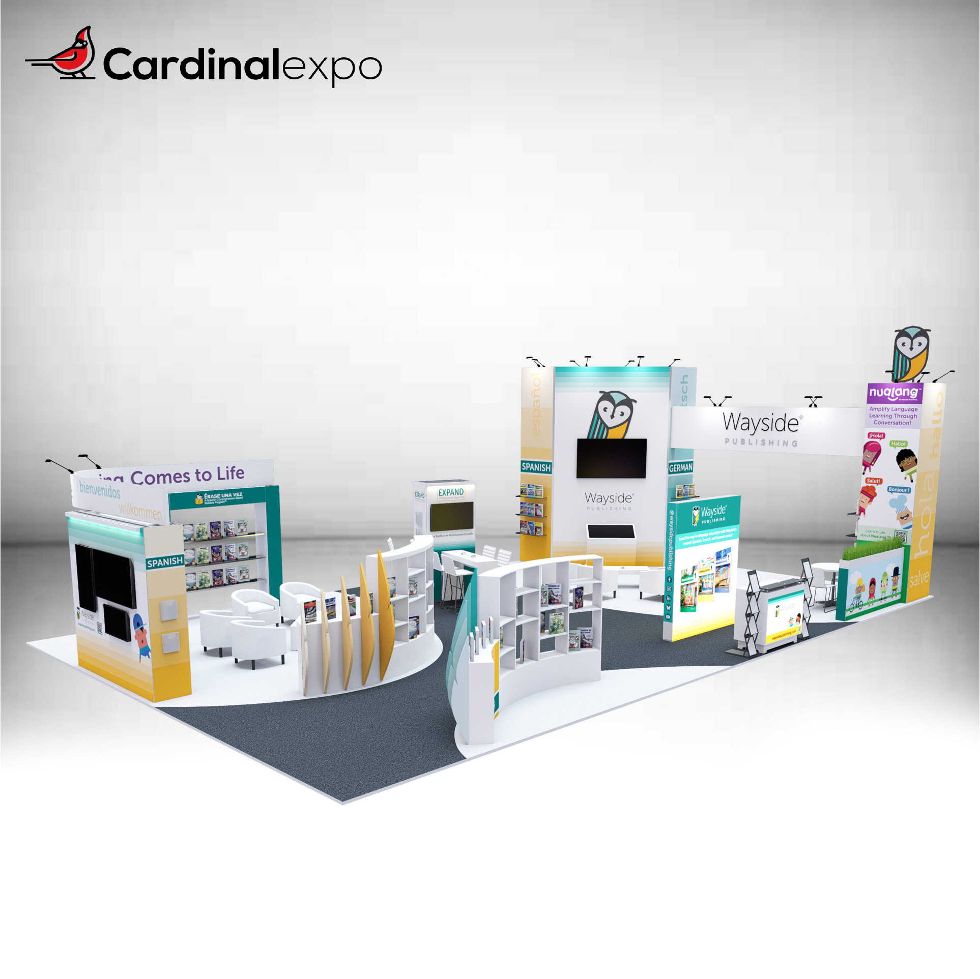 Front-left angle of a large custom trade show display rental featuring curved book display shelves, lounge seating, a bridging header sign, and a 3D owl logo sign topper.