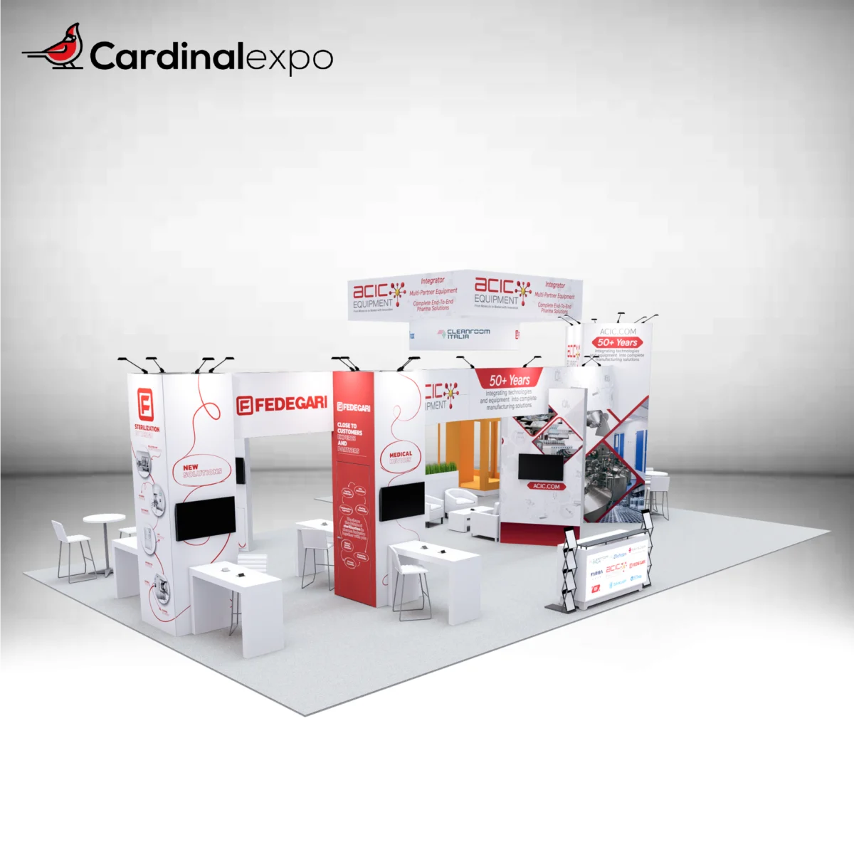 Front-left view of a large custom trade show display rental showcasing demo workstations, bridging graphic headers, TV screens, and overhead square hanging sign.