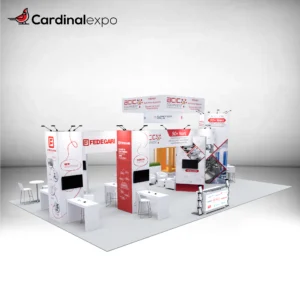 Front-left view of a large custom trade show display rental showcasing demo workstations, bridging graphic headers, TV screens, and overhead square hanging sign.