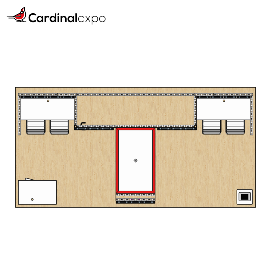 Overhead floor plan for a 10x20 trade show booth rental featuring a central media tower, dual workstation bays, a reception desk, and a tablet stand.