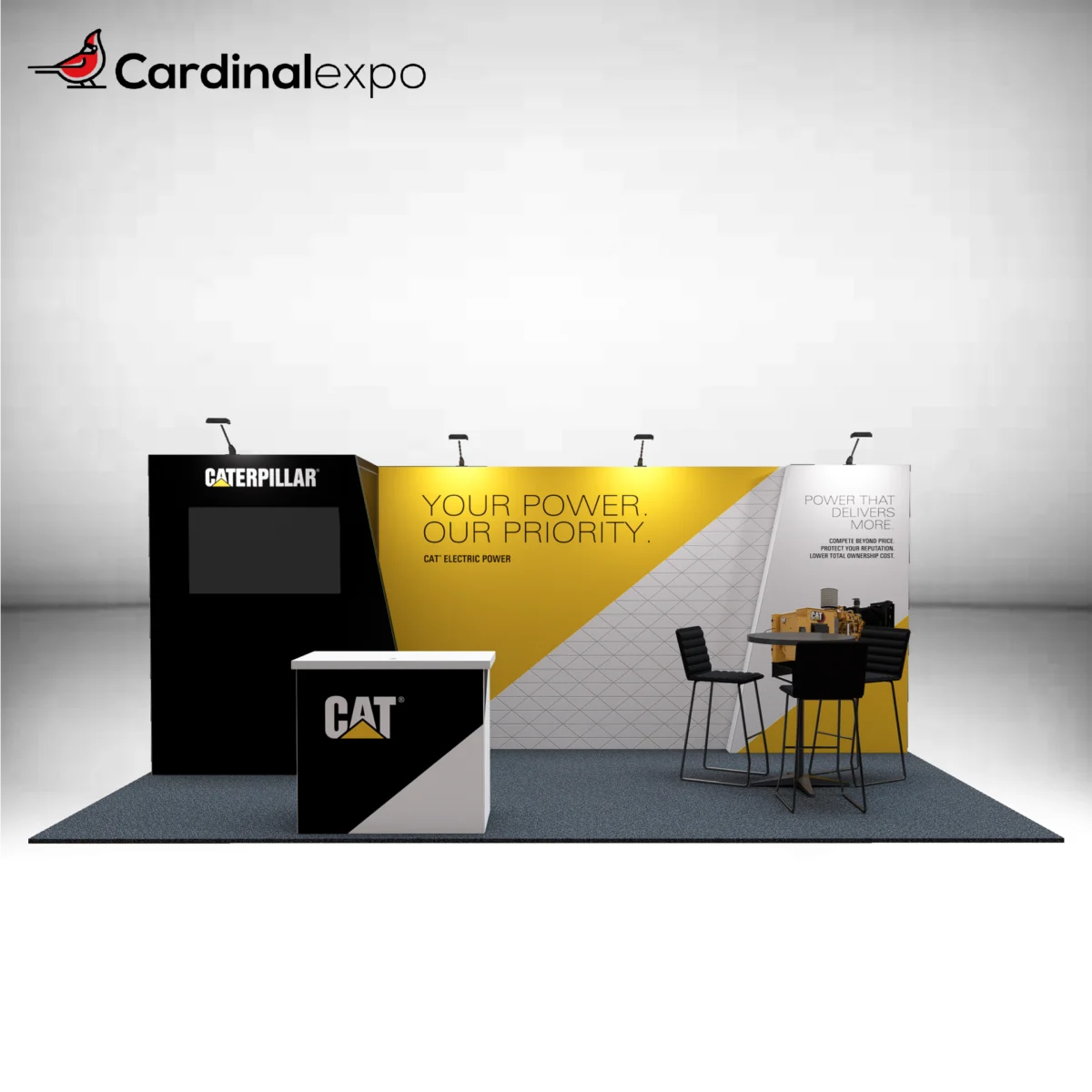 Front view of a 10x20 trade show booth rental featuring a black media kiosk with a 3D backlit logo sign, TV monitor, front reception counter, and high-top meeting table.