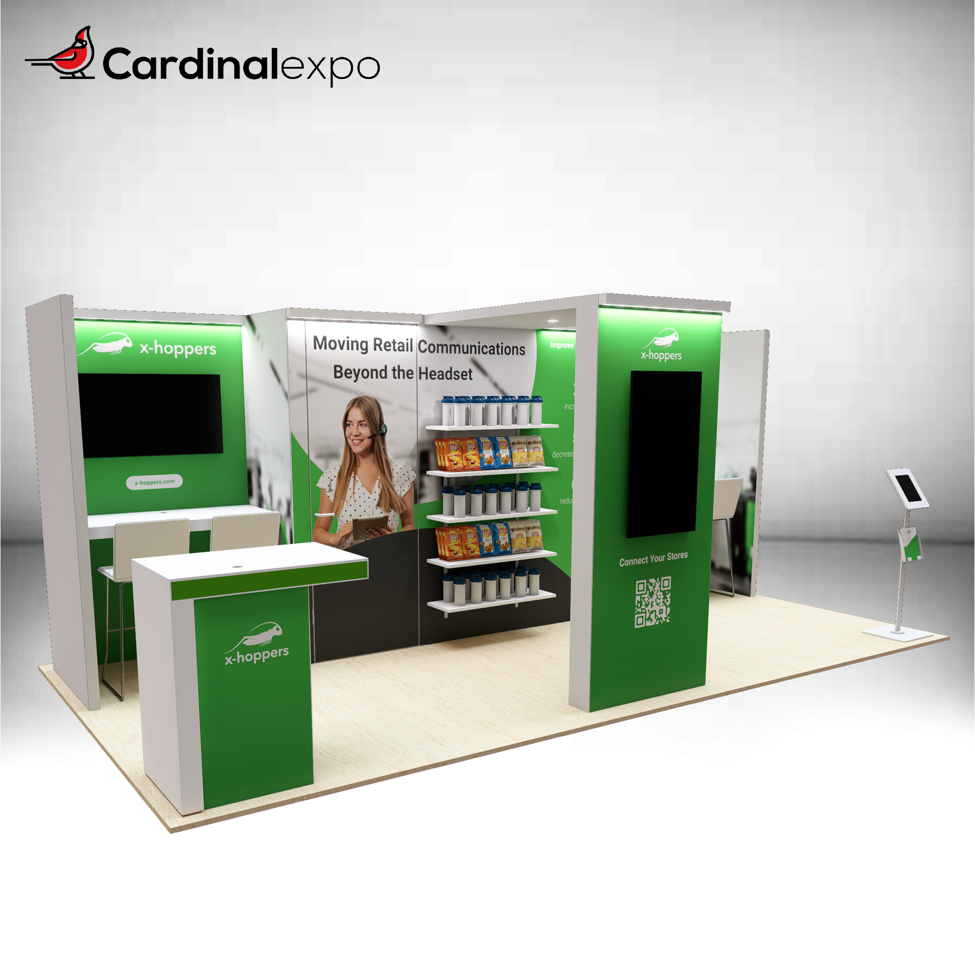 Front-left angle of a 10x20 trade show display rental highlighting a branded green reception desk, product shelves, a central media tower, and workstation seating bays.