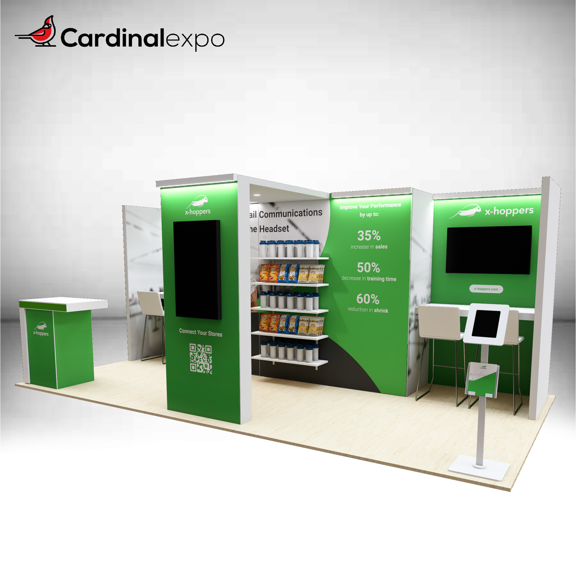 Front-right perspective of a 10x20 trade show exhibit rental showcasing product display shelves, a central media tower with a vertical TV screen, high-top seating, and a tablet stand.