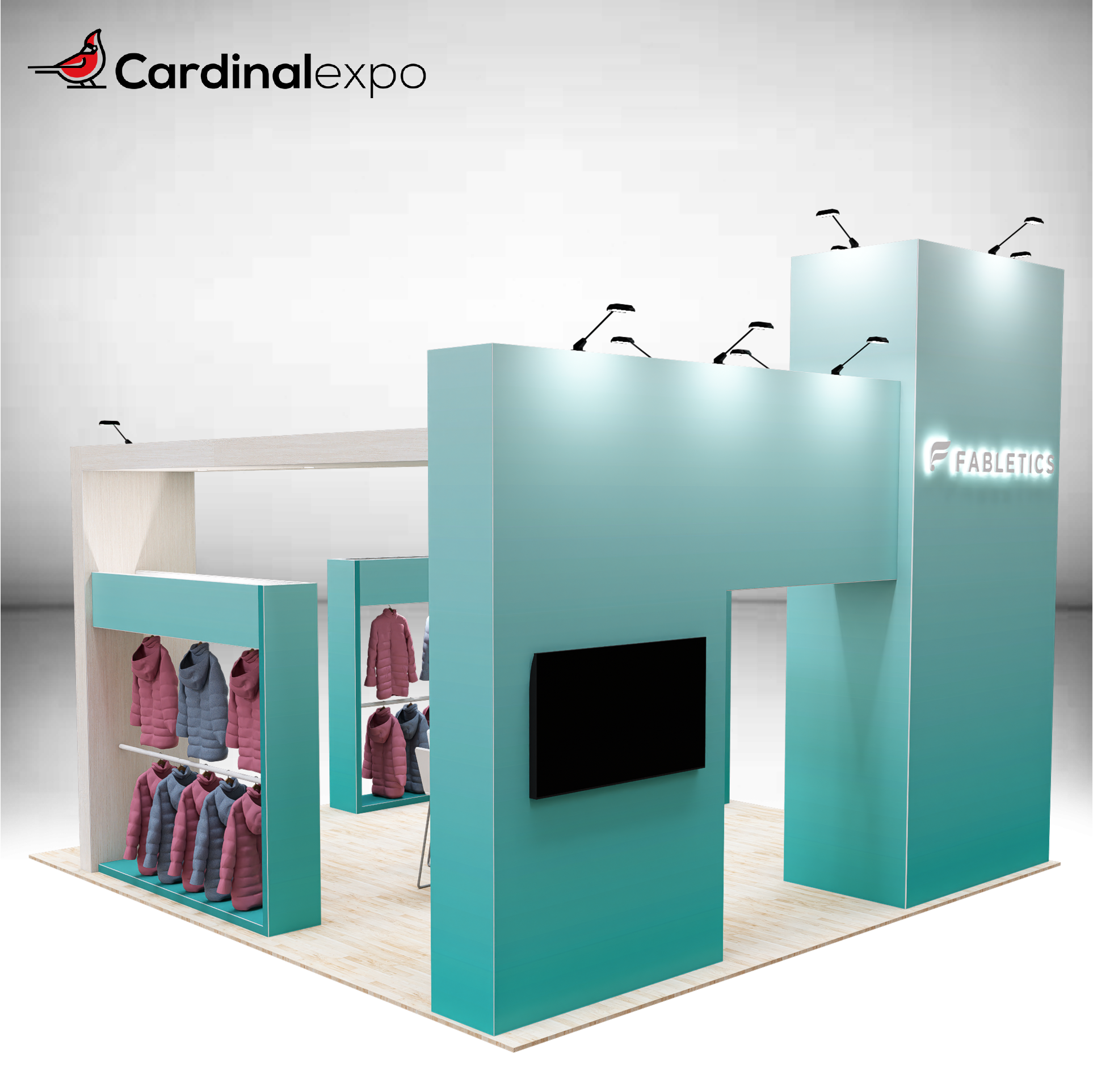 Back-left perspective of a 20x20 trade show exhibit rental featuring a teal branding tower with a 3D backlit logo sign, TV monitor wall, apparel hanging racks, and arch header.