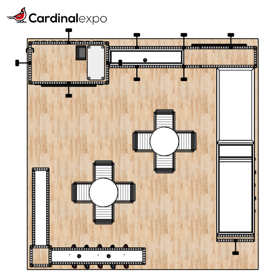 Overhead floor plan for a 20x20 trade show booth rental featuring wood flooring, a storage tower room, clothing display racks, shoe shelving, and central bistro meeting tables.
