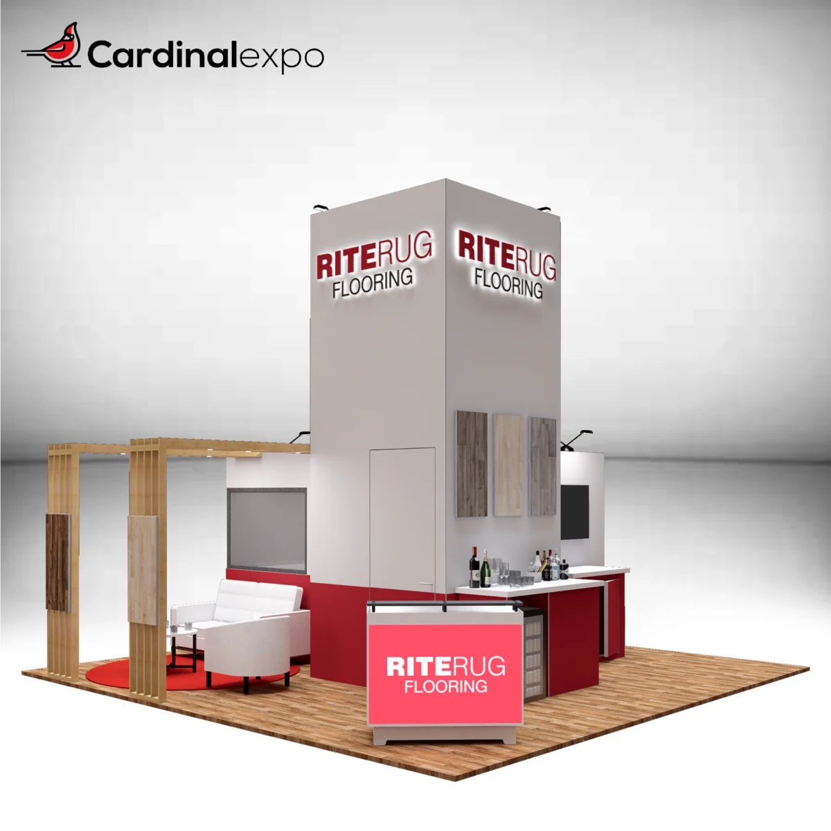 Front-left angle of a 20x20 trade show display rental highlighting a reception counter with a 3D backlit logo sign, a tall tower structure, flooring sample boards, and a wood pergola lounge area.