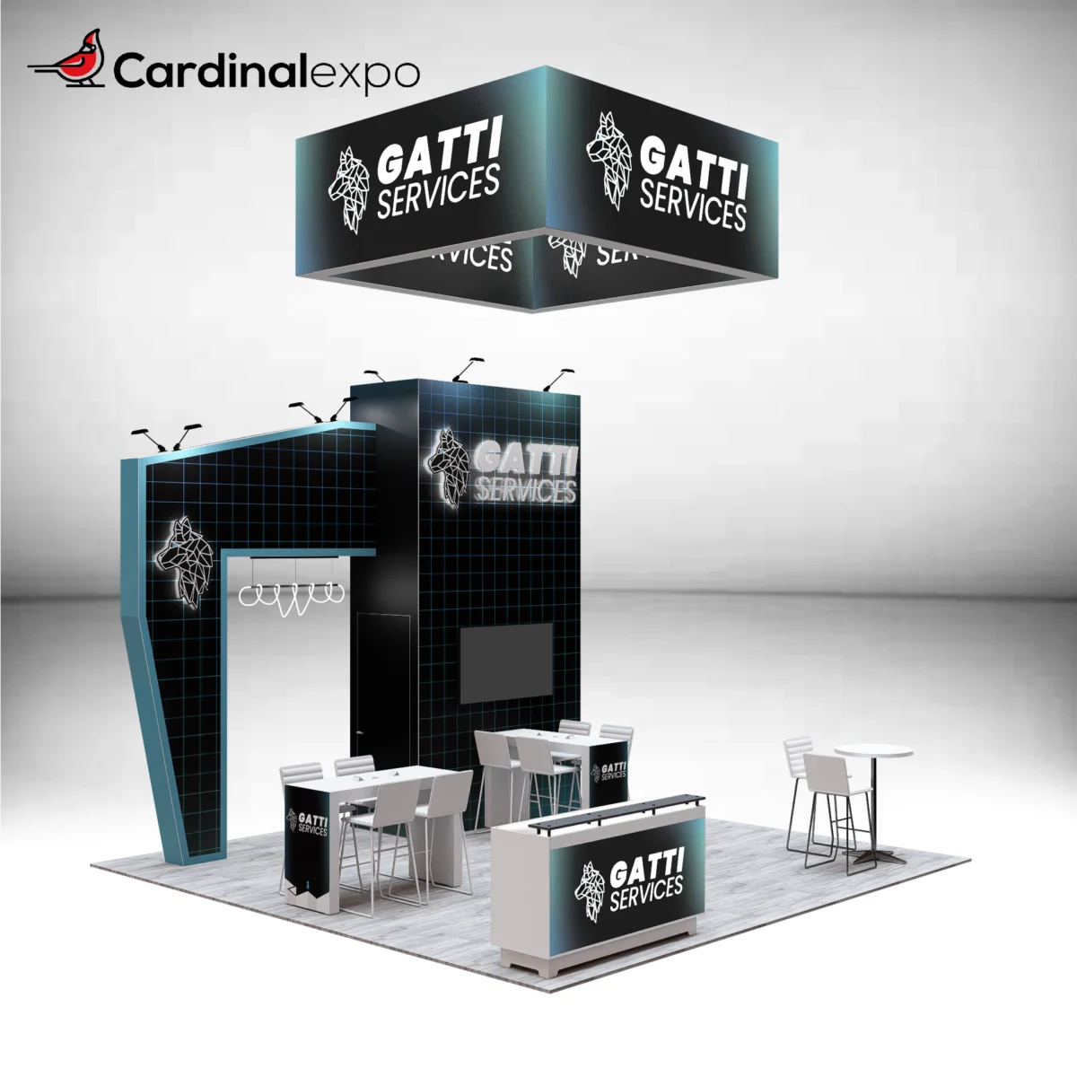 Front-left perspective of a 20x20 trade show exhibit rental showcasing a square hanging sign, an arch canopy structure with neon lighting, 3D backlit logo signs on the backwall and reception counter, high-top seating, and a TV screen.