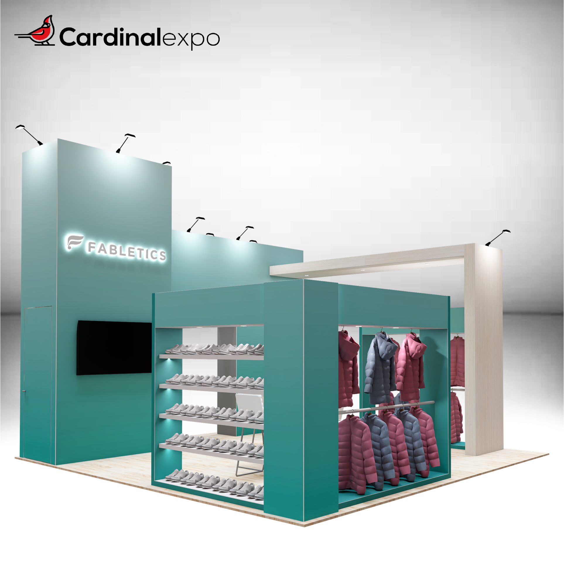 Front-left angle of a 20x20 trade show booth rental highlighting a 3D backlit logo sign on a teal storage tower, illuminated shoe shelves, jacket hanging displays, and a wood arch header.