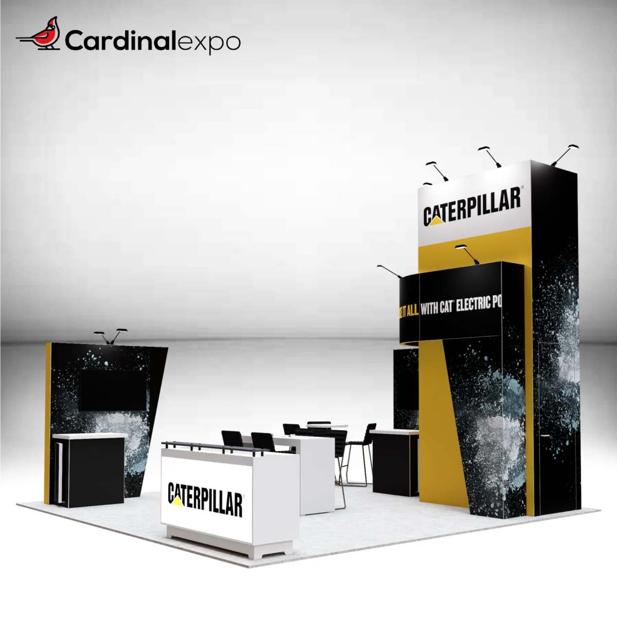 Front-right perspective of a 20x20 trade show exhibit rental with a tall branding tower, curved graphic header, 3D backlit logo sign, media kiosk with TV display, and front reception desk.