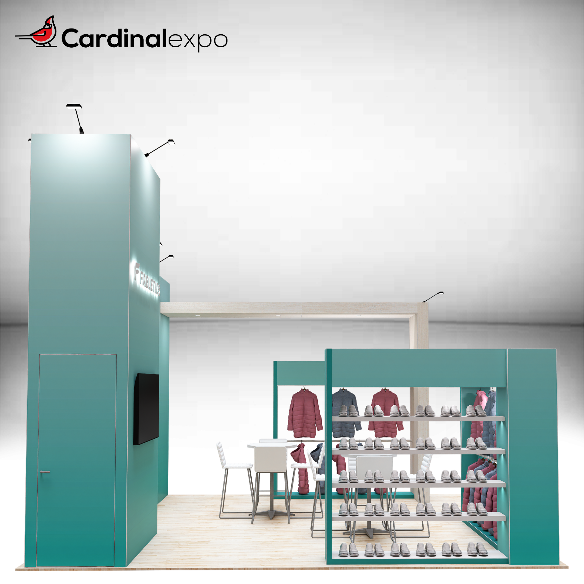 Left side view of a 20x20 trade show display rental showcasing a storage tower with a 3D backlit logo sign, footwear display shelving, jacket racks, and high-top seating.