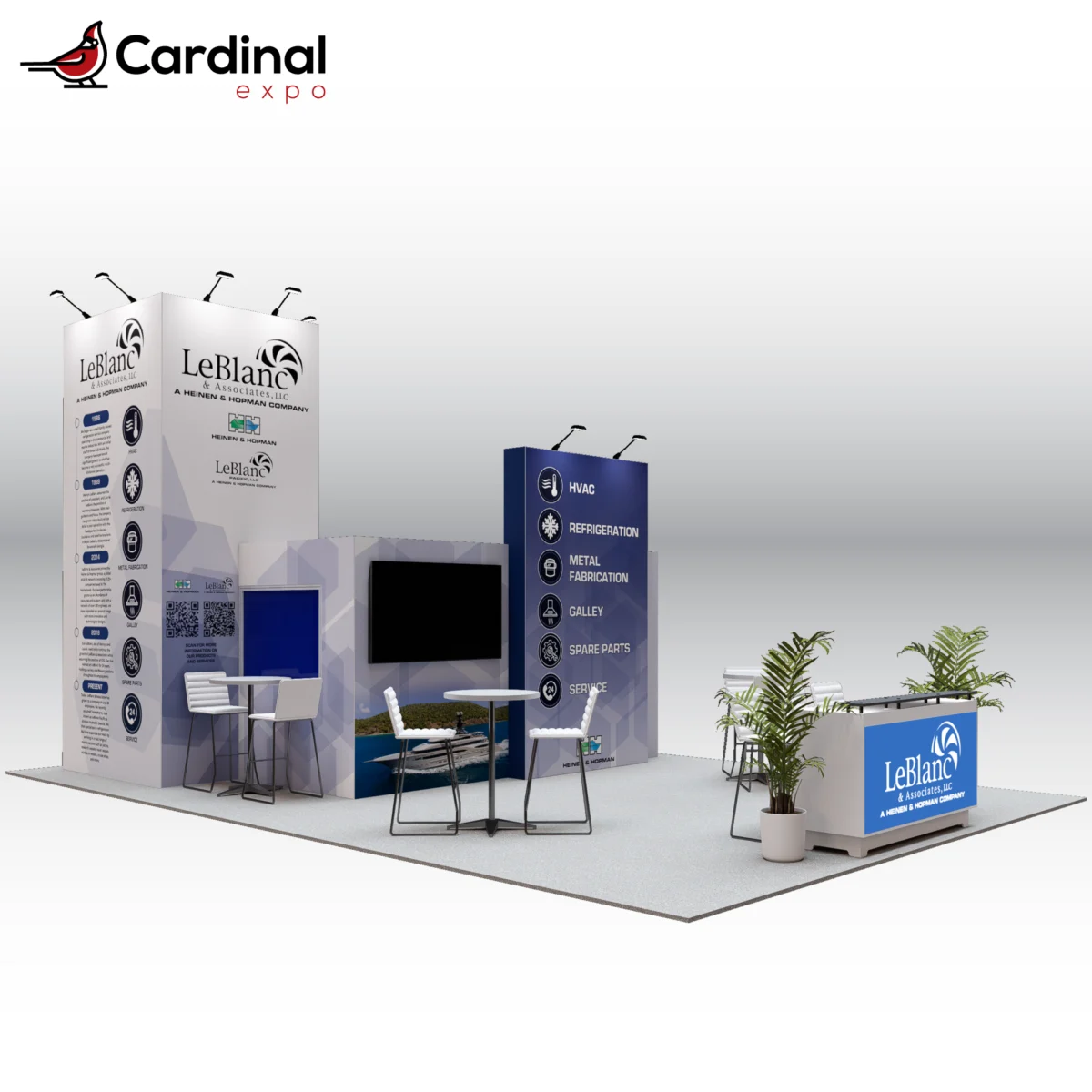 Front-left perspective of a large custom trade show booth rental highlighting a reception counter, bistro meeting sets, TV display wall, and tall tower structure.