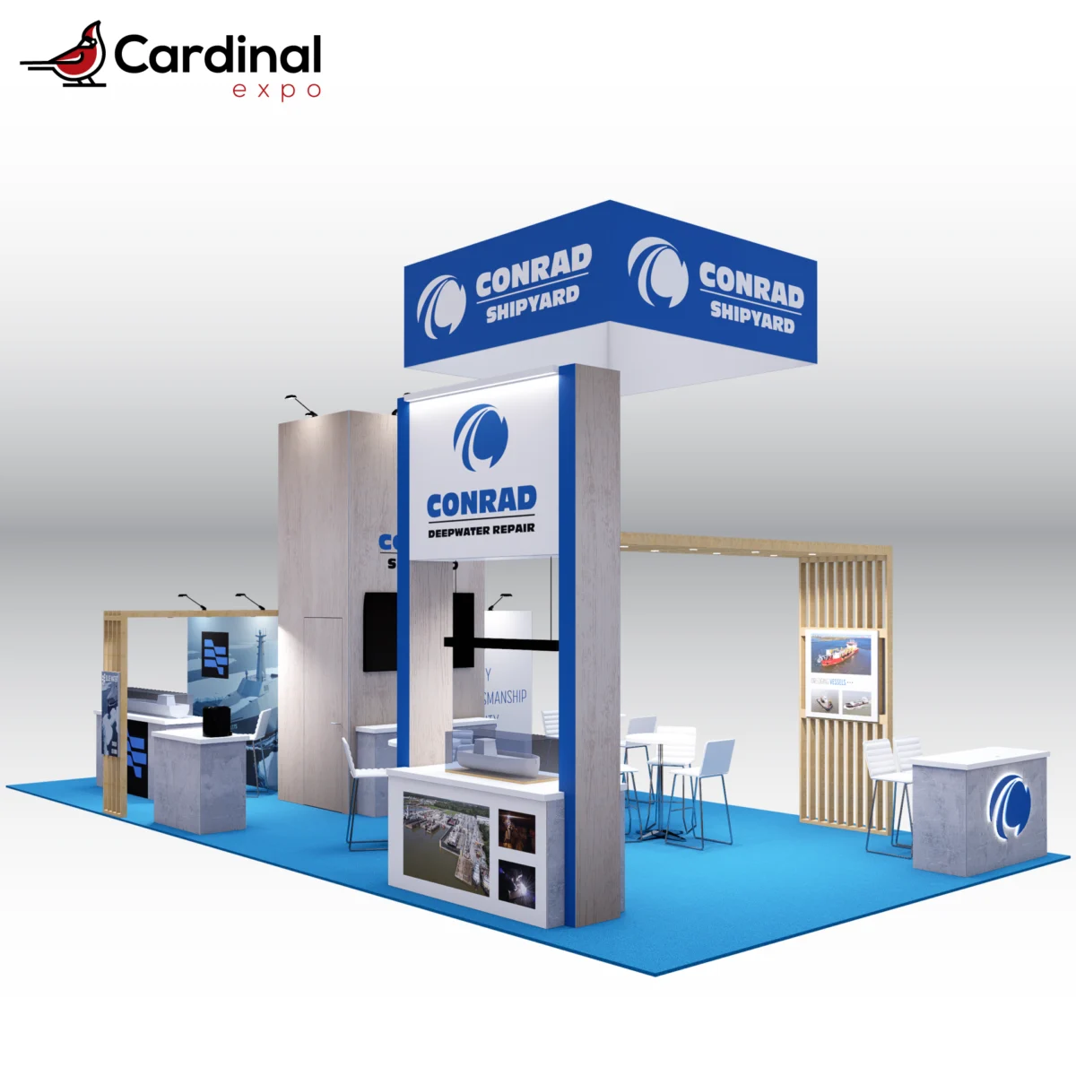 Front-left angle of a large custom trade show display rental showcasing a square hanging banner sign, model ship display case, wood pergola, and front reception counter with a 3D backlit logo sign.