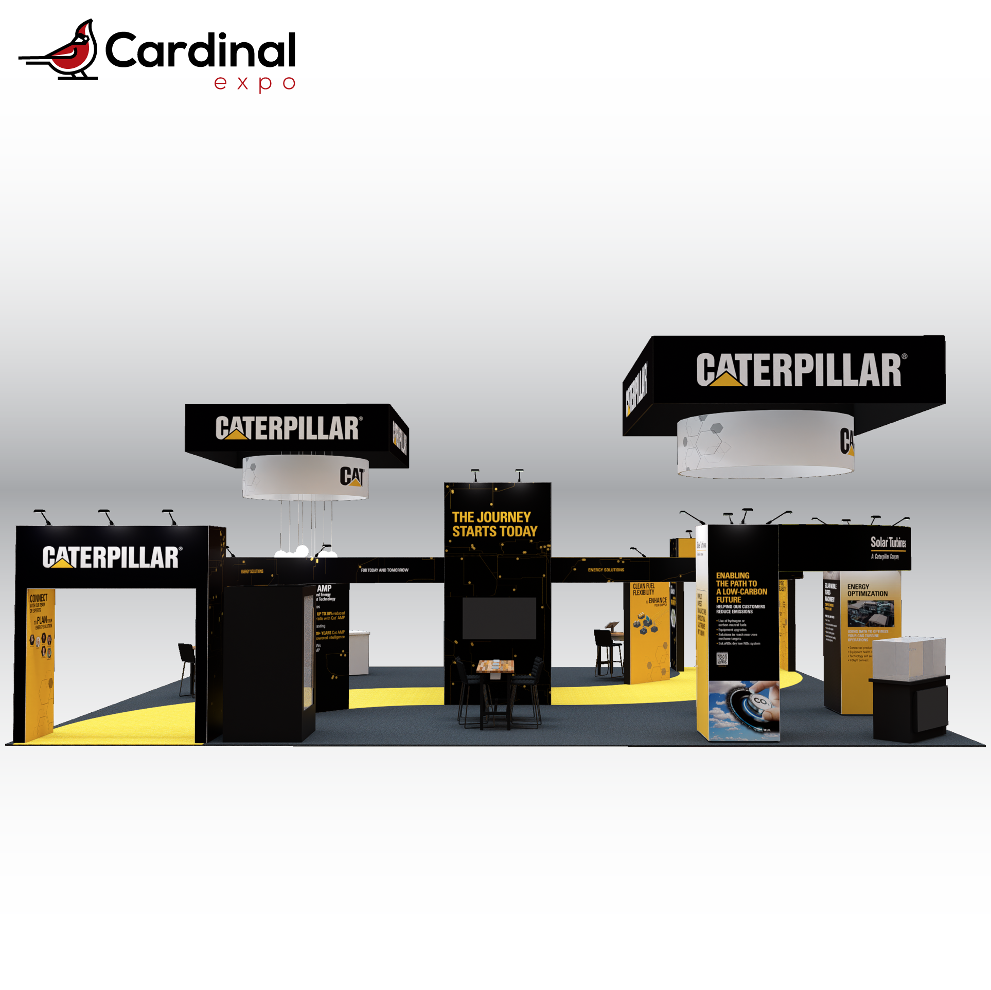 Front perspective of a large custom trade show booth rental featuring overhead square and cylinder hanging signs, a curved front reception counter with tablets, globe pendant lighting, archway structures, and high-top seating.