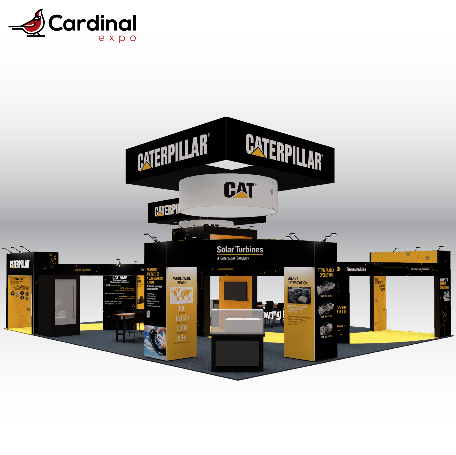 Back-right perspective of a large custom trade show display rental showcasing dual hanging signs, a central storage tower structure, model display pedestal, backwall TV screen, and high-top meeting stations.