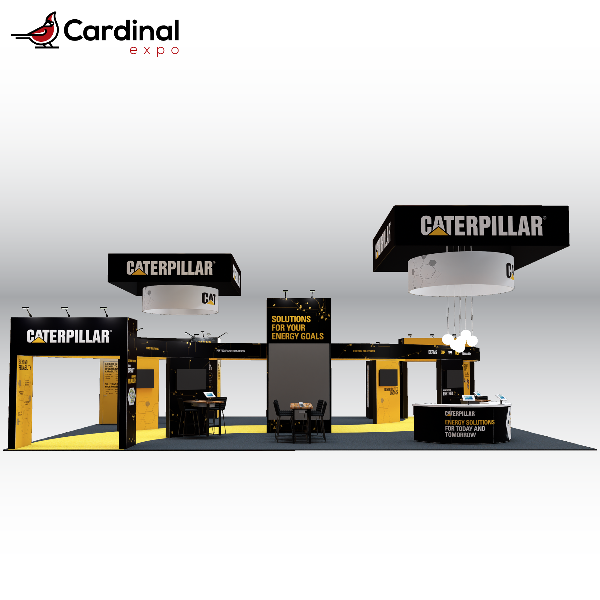 Rear view of a large custom trade show exhibit rental featuring dual hanging signs, an architectural arch canopy, central storage room, backwall TV screens, model display pedestal, and meeting tables.
