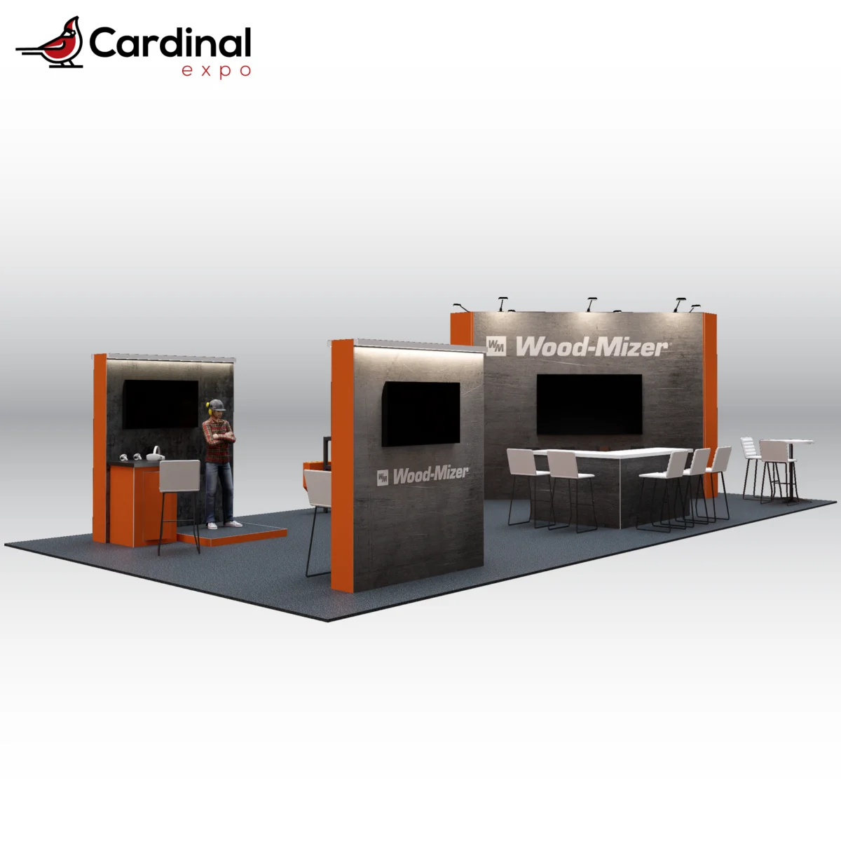 Front-left view of a large custom trade show exhibit rental highlighting side media backwalls with TV monitors, high-top workstation seating, and an interactive simulation platform.