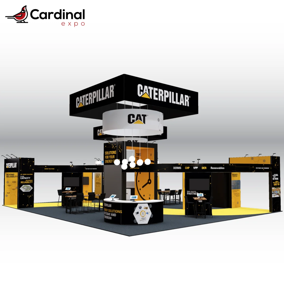 Front-right view of a large custom trade show exhibit rental featuring dual hanging sign structures, a curved front reception desk with tablet kiosks, hanging globe lights, media backwalls with TV monitors, and workstation tables.