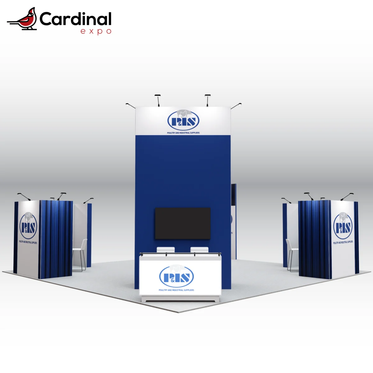 Front-right perspective of a large custom trade show exhibit rental featuring a tall central storage tower with a wall-mounted TV screen, 3D backlit logo sign, front reception counter, and corner kiosk enclosures.