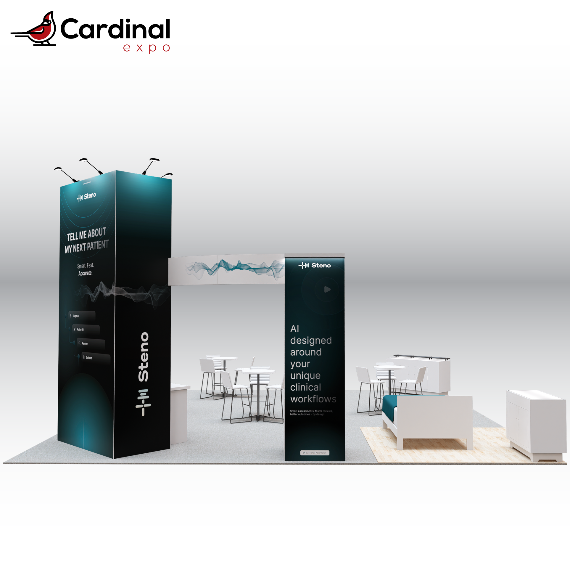 Rear view of a large custom trade show exhibit rental showcasing a tall central graphic tower, media kiosk pillars, curved header beam, high-top meeting tables, and simulated bedroom display zone.