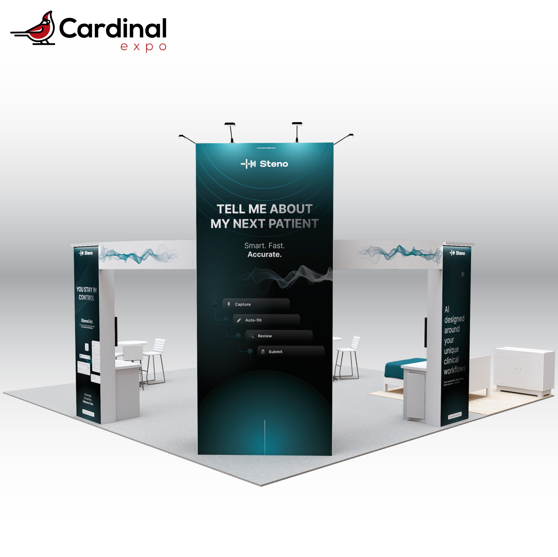 Back-right perspective of a large custom trade show booth rental featuring a prominent branding tower, curved header beam, media kiosk pillars, high-top meeting tables, and bedroom display area.