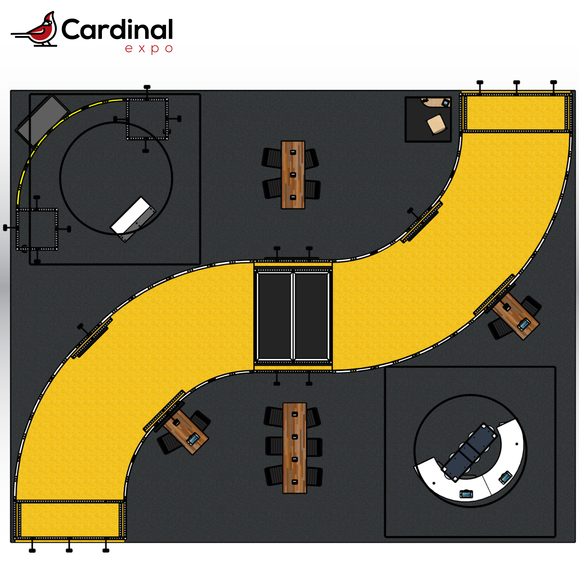 Overhead floor plan for a large custom trade show booth rental featuring an S-curved floor graphic path, central storage tower structure, meeting tables, rounded reception desk, and corner interactive media zones.