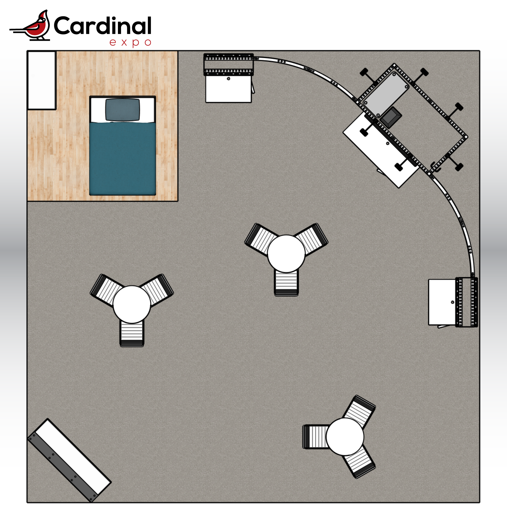 Overhead floor plan for a large custom trade show booth rental featuring a simulated bedroom display area, central high-top meeting tables, curved header beam structure, corner media kiosks, and front reception desk.