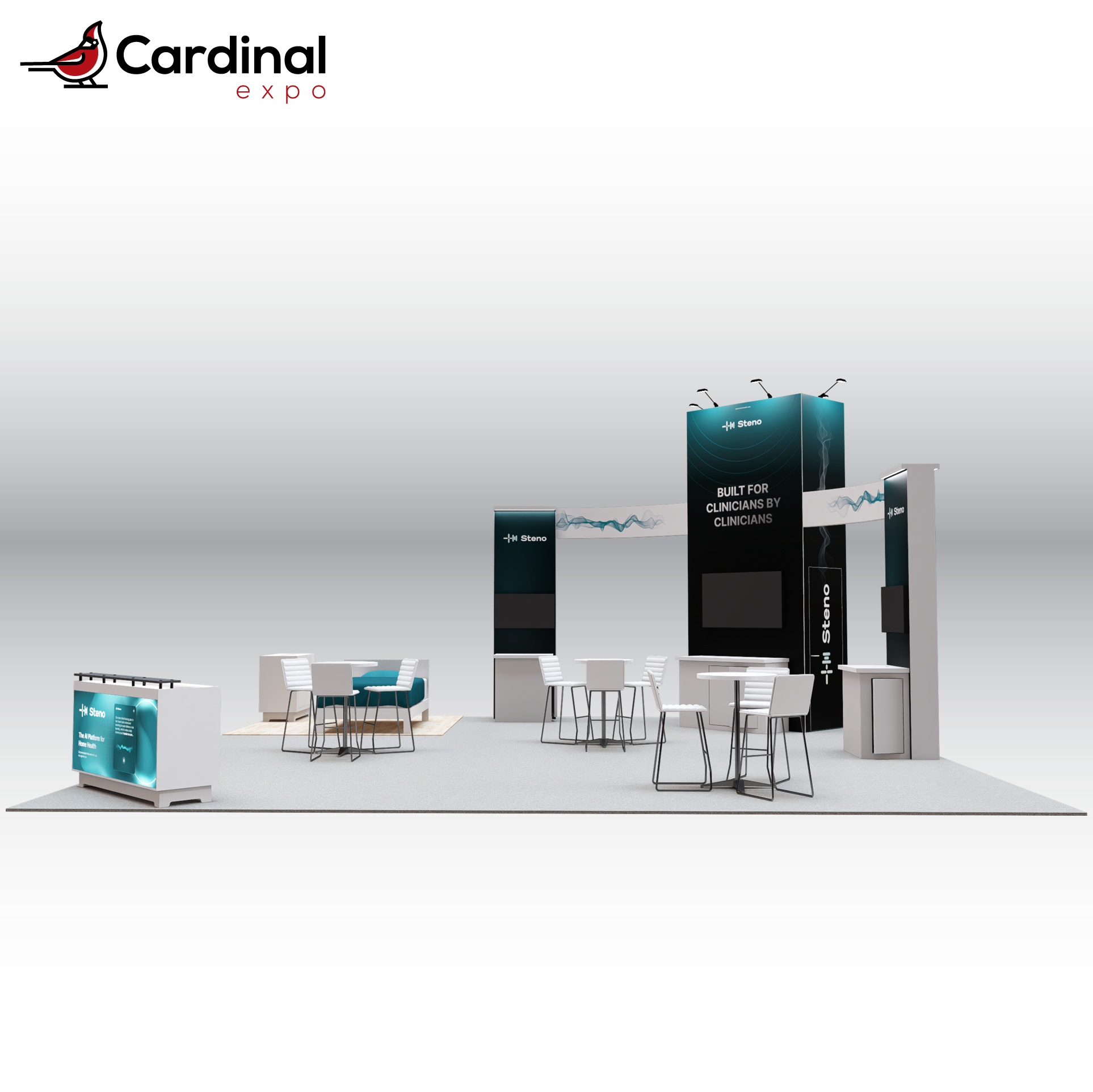 Front view of a large custom trade show booth rental featuring a tall branding tower, curved connecting header beam, media kiosks with TV screens, high-top bistro seating sets, simulated bedroom zone, and front reception counter.