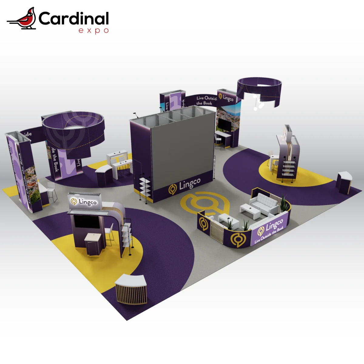Front-left view of a large custom trade show booth rental featuring purple and yellow branding zones, circular hanging signs, a central storage tower, and a modern lounge enclosure.