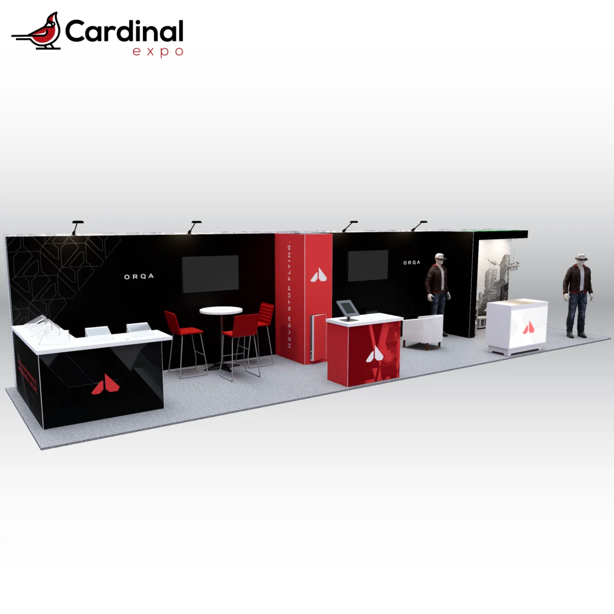 Front-left angle of a large custom trade show display rental showcasing a glass product display counter, high-top bistro seating, central branding pillar, wall-mounted TV screens, and reception workstations.