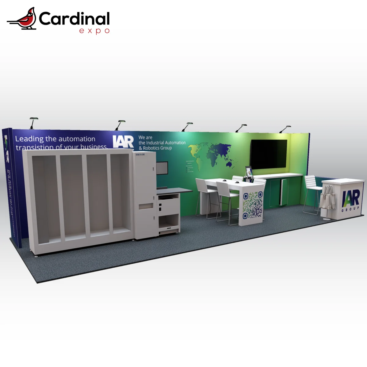 Front-left angle of a large custom trade show display rental showcasing an industrial equipment display station, central high-top workstation table, branded backwall, and reception counter.