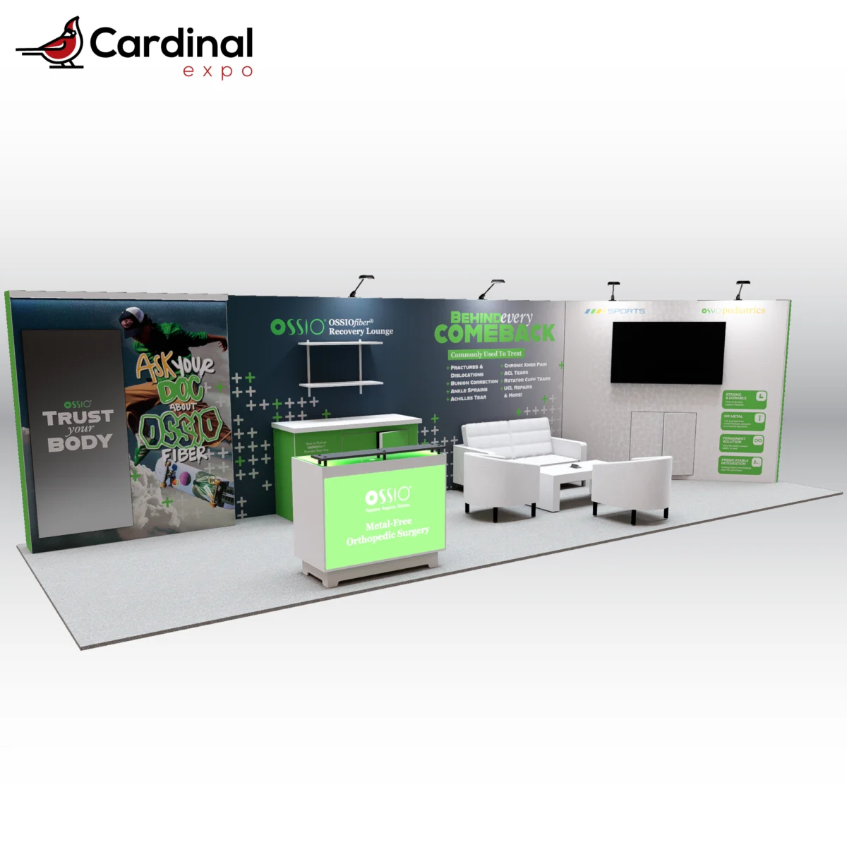 Front-left perspective of a large custom trade show exhibit rental showcasing a front reception desk, storage counter station, comfortable lounge seating area, and backwall TV display.