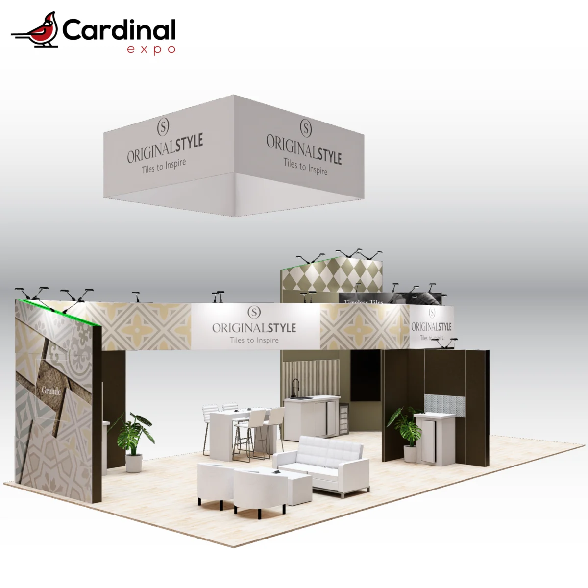 Front-left perspective of a large custom trade show booth rental showcasing an overhead square hanging sign, curved header beam, comfortable sofa seating, high-top workstation, and front reception counters.