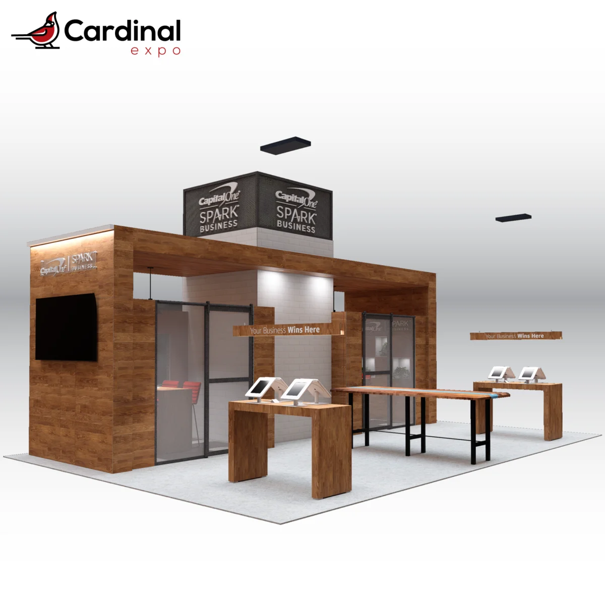Front-left view of a large custom trade show booth rental featuring a central brick-texture storage tower, dual wood arch canopies, tablet display tables, and an interactive center meeting table.