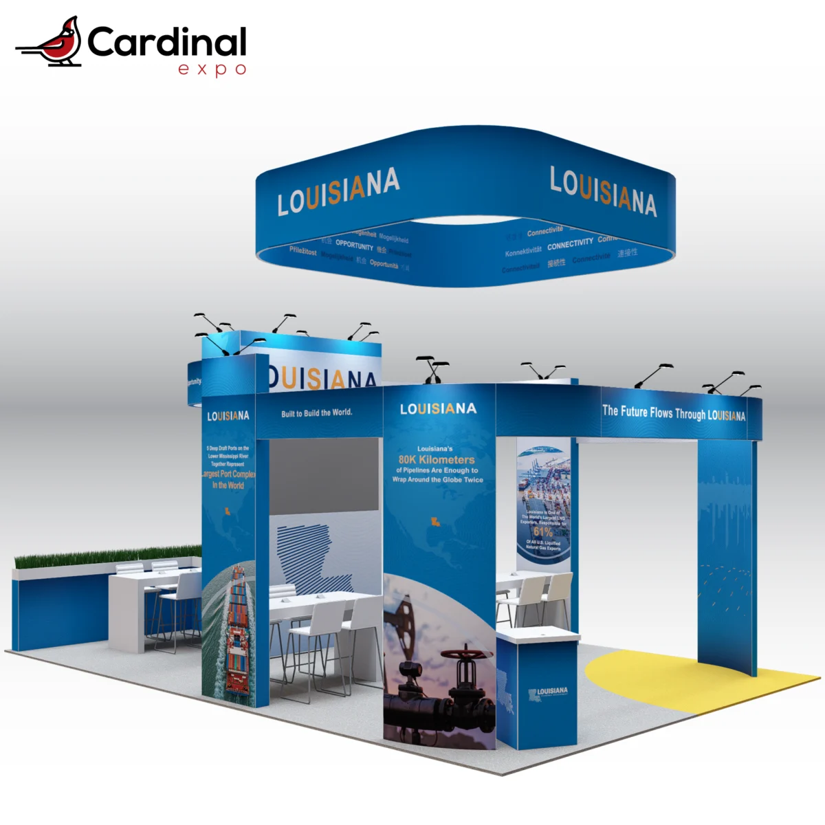 Front-left perspective of a large custom trade show display rental highlighting a prominent oval hanging banner, archway entry frame, central branding tower, high-top meeting tables, and planter-topped low partition walls.