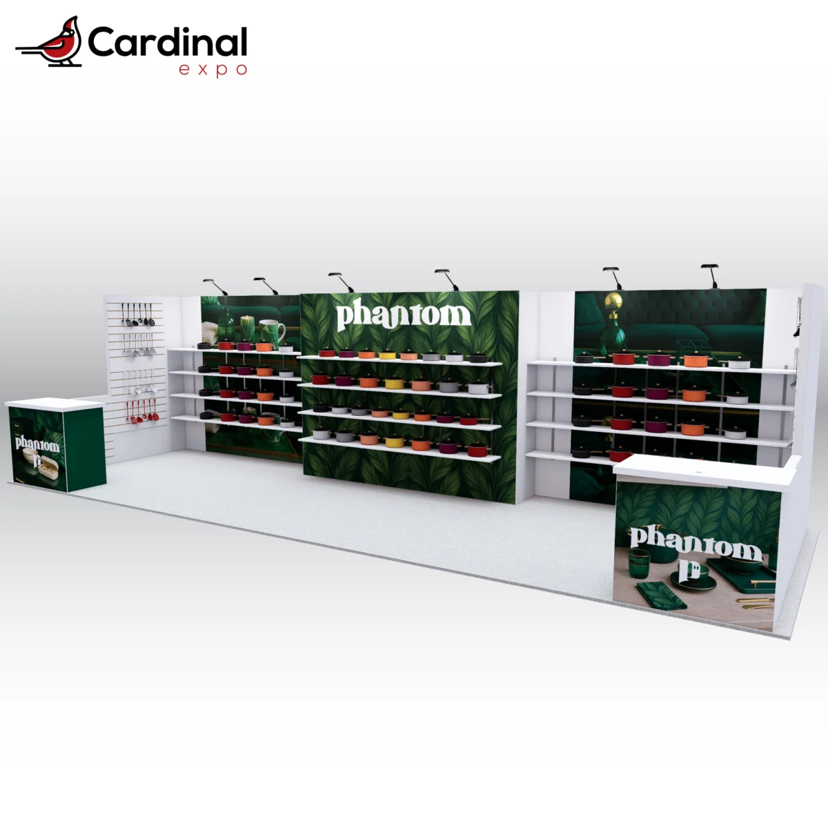 Front-left angle of a large custom trade show display rental showcasing a glass product display counter, high-top bistro seating, central branding pillar, wall-mounted TV screens, and reception workstations.