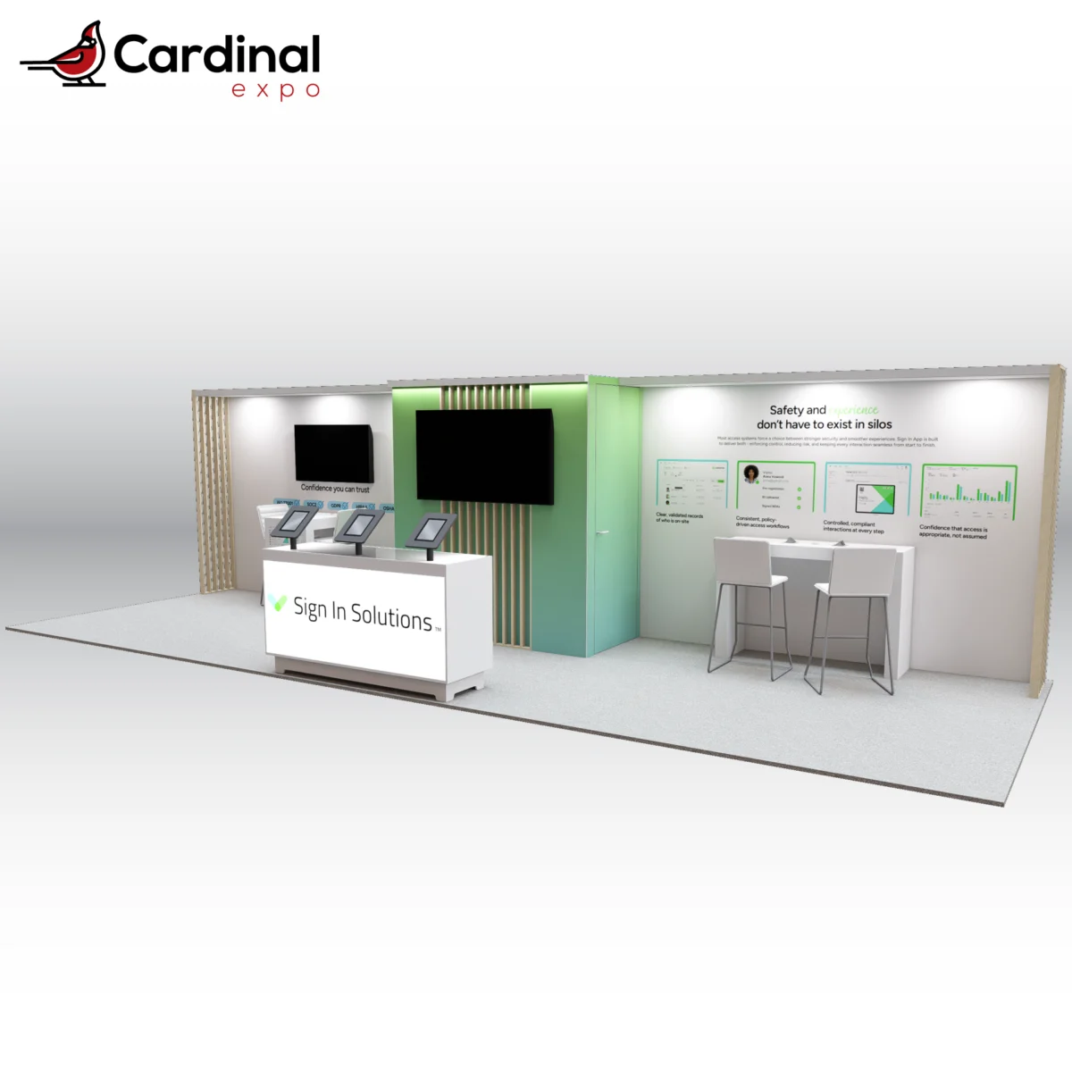 Front-right perspective of a large custom trade show exhibit rental highlighting a front reception counter with integrated tablet mounts, central storage room with a slatted louvered center accent, louvered sidewalls, TV monitors, and workstation seating.