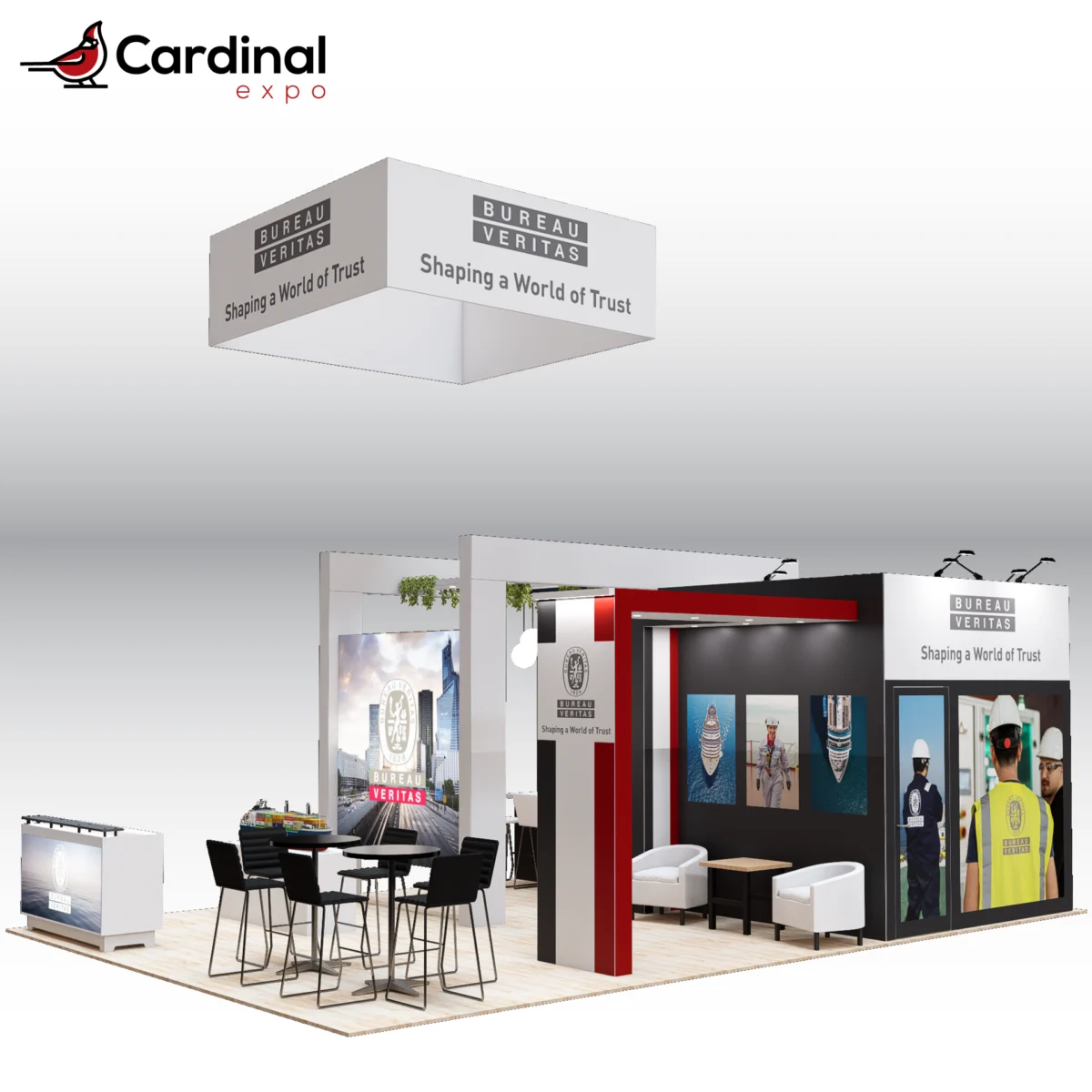 Front-right perspective of a large custom trade show booth rental featuring an overhead square hanging sign, architectural frame with suspended globe pendant lights, semi-private lounge alcove, high-top bistro sets, model ship display, and front reception counter.