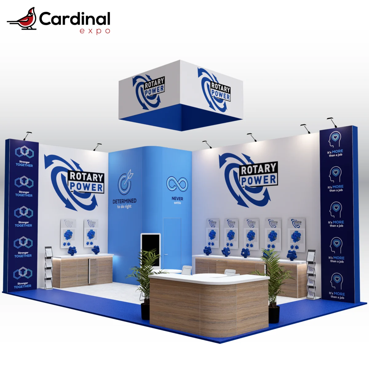 Front-right perspective of a large custom trade show display rental highlighting a prominent overhead square hanging banner, wood-finish front reception desk, central storage room structure, digital touchscreen display, and product demonstration counters.