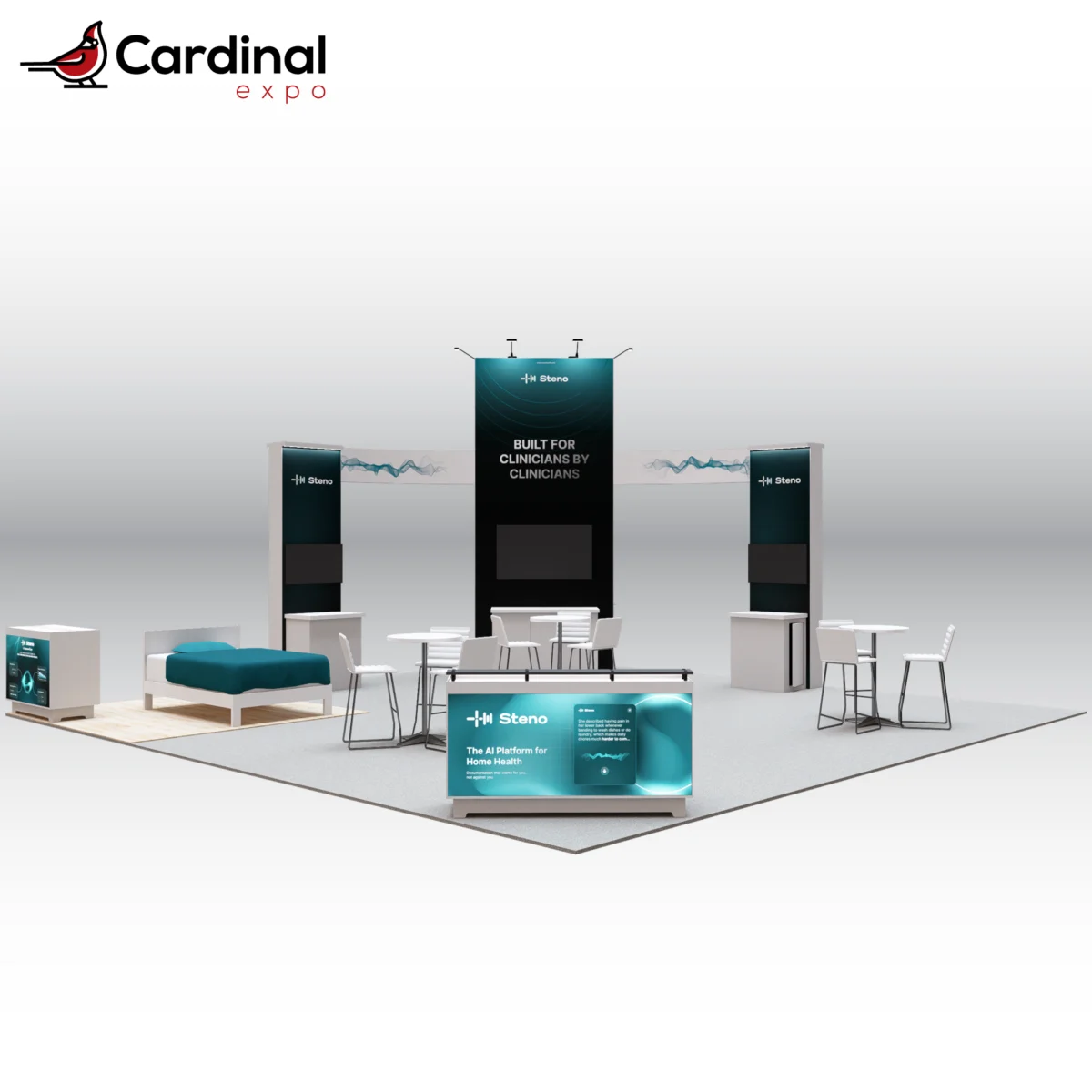 Front-right perspective of a large custom trade show display rental highlighting a central branding tower with an integrated TV monitor, secondary media kiosks, high-top meeting tables, front reception desk, and simulated bedroom area.