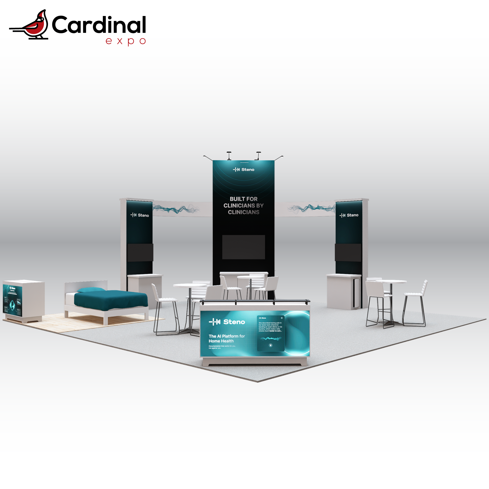 Front-right perspective of a large custom trade show display rental highlighting a central branding tower with an integrated TV monitor, secondary media kiosks, high-top meeting tables, front reception desk, and simulated bedroom area.